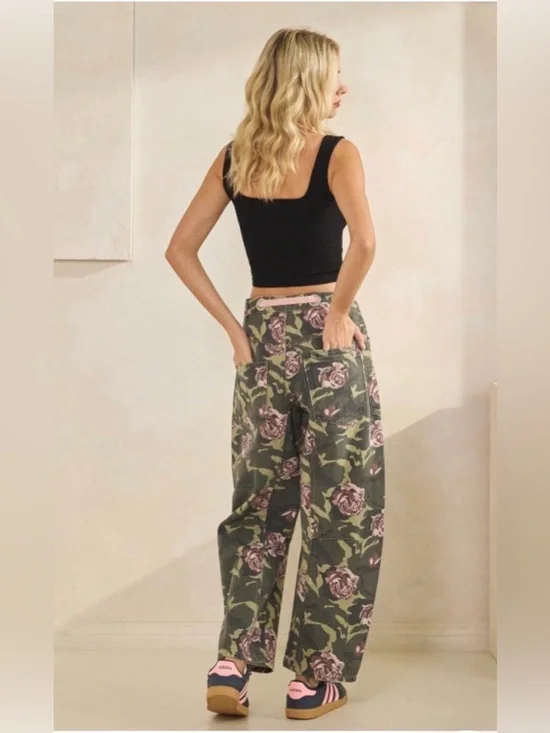 Floral Wide-Leg Barrel Pants or Jeans- Olive with Pink Roses - Picture 7 of 7